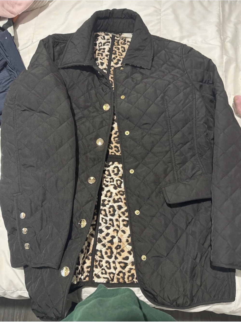 Chicos Black Quilted Jacket with Leopard Trim - Women's Coat